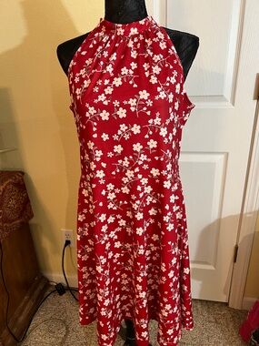 Sleeveless Red Floral Halter Dress